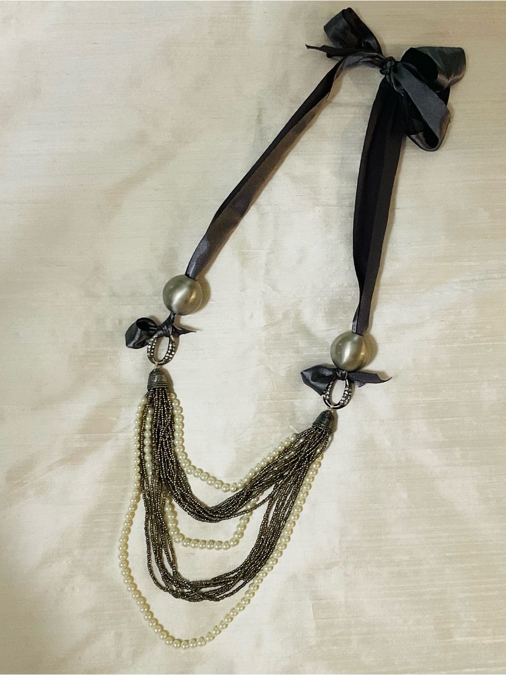 LOFT Black Ribbon Multi-Strand Pearl and Bead Necklace